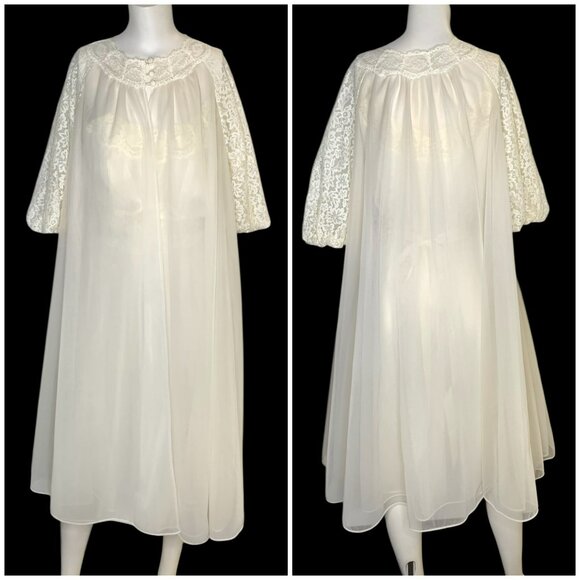 VTG Vanity Fair 60s Ivory Tricot Nylon Lace Chiffon Nightgown Peignoir Set Sz 34 - Picture 3 of 16
